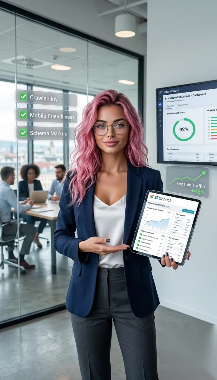 AISHA zeigt das SEO-Dashboard auf einem Tablet